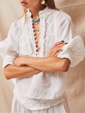 Kinga Csilla Kahlo White Linen Embroidered Blouse small